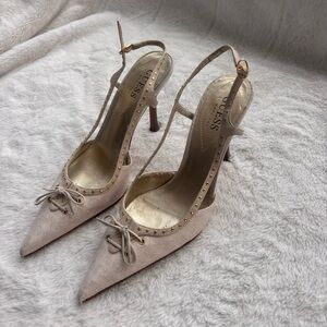 Guess by Marciano Beige Monogram Slingback Heels Studded Pointed Toe Size 6.5M